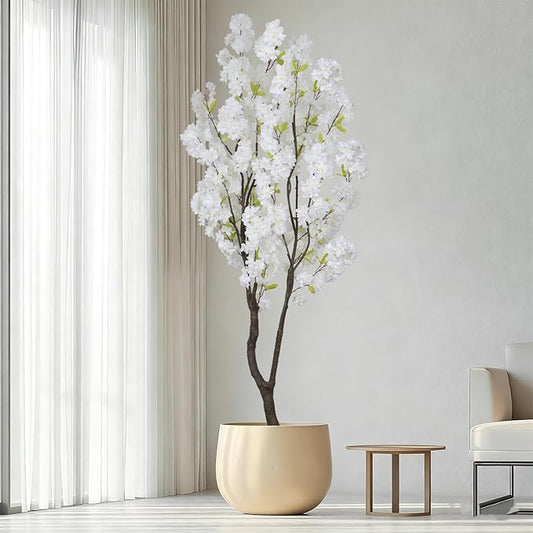Faux White Cherry Blossom Tree 6.5ft(84in)Tall Artificial Plant Indoor Decor Handmade Natural Fake White Flower Tree for Wedding Realistic Cherry Plant in Pot for Home Living Room,Office Decor.