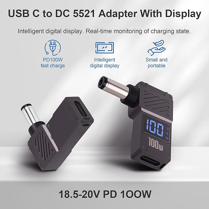USB C to DC 5.5 x 2.1mm Power Charging Adapter Type C Female to DC 5521 Adapter with Digital Display 100W, for Tablet, PC, IP Camera, Bluetooth Speaker, Webcam Routers