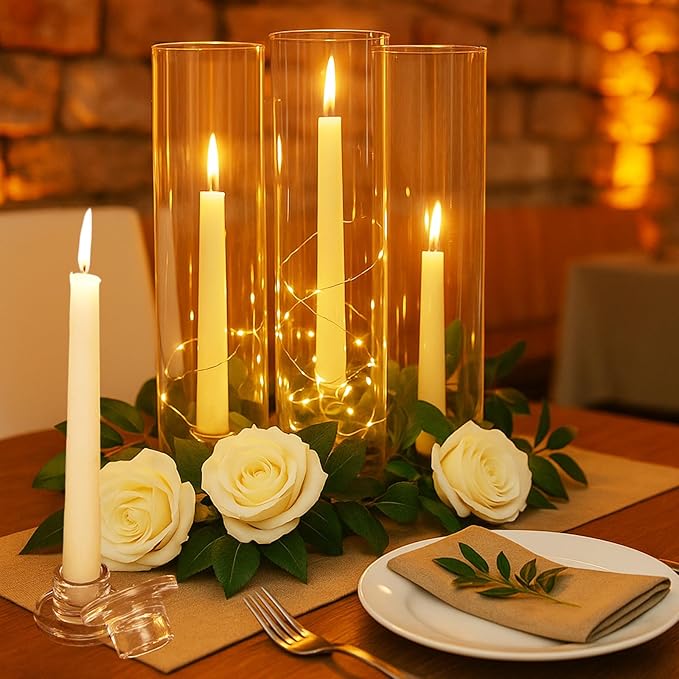 24 Set Glass Hurricane Candle Holders 11.8" Open Ended Glass Candleholder Tube Shape Bottomless and 1.26" Taper Clear Candlestick Holders for Wedding Party Table Centerpiece