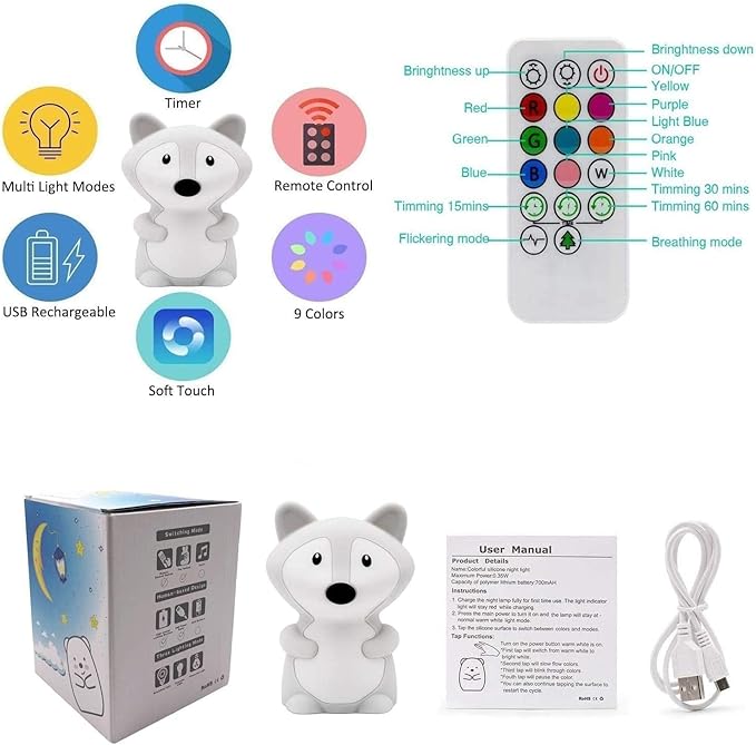 Animal-Shaped Night Light, Rechargeable LED Soft Silicone (BPA Free) Bedside Lamp for Children/Adults, Adjustable Brightness and 9 Colors by Touch Control & Remote Control (Big Fox)