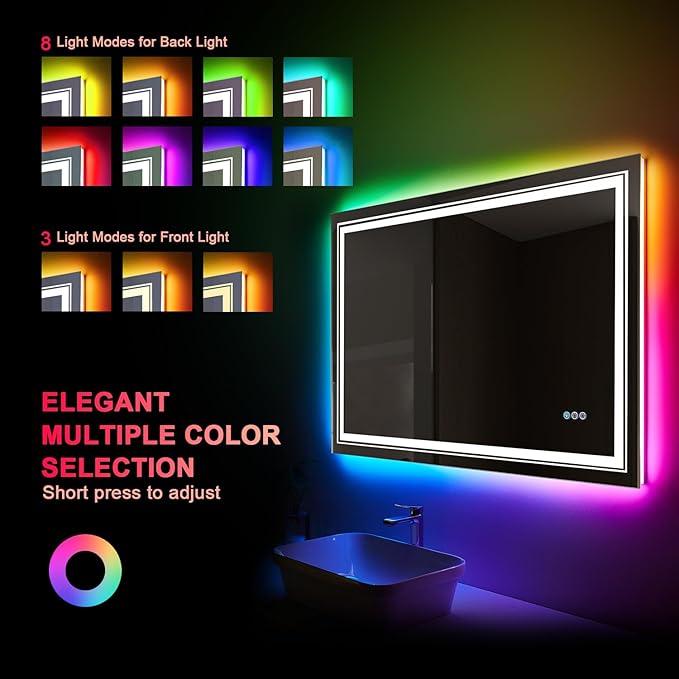 LED Mirror for Bathroom, 30"X36" with 8 RGB Backlit +3 Front Lit (Adjustable Individually), Anti-Fog, Lighted Bathroom Vanity Mirror for Wall, Shatterproof, Memory Function, Tempered Glass