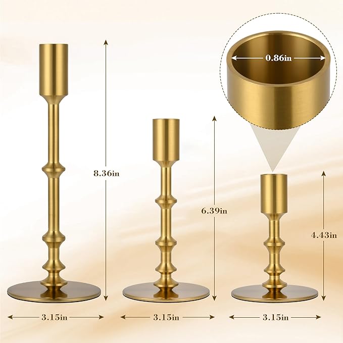 Candlestick Holders for Taper Candles, Brushed Brass Gold Candle Stick Holders Decor, Taper Candle Holder Set for Table Mantel Wedding Dinning Anniversary
