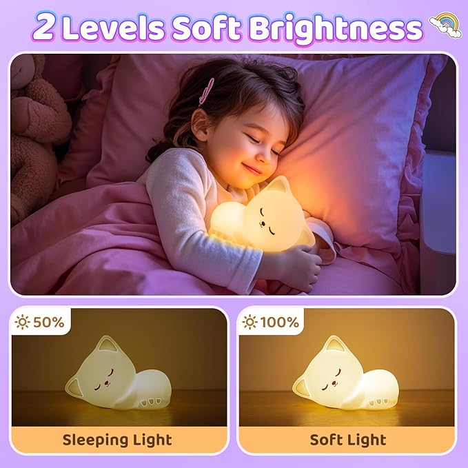 Mubarek Night Light for Kids,16Colors Cat Night Light for Kids Cute Lamp,Dimmable Toddler NightLight for Girls,Soft Silicone Nightlight for Baby Room, Rechargeable Cute Lamp Big Size