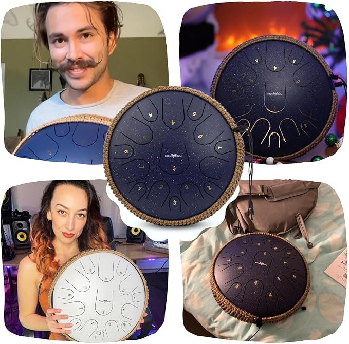 The Balmy Drum - 15 Note 14 Inch Steel Tongue Drum, Steel Drum Instrument, Drums For Children and Adults, Balmy Drum Set for Kids with Music Book, Handpan, Mallet and Carry Bag (Blue)