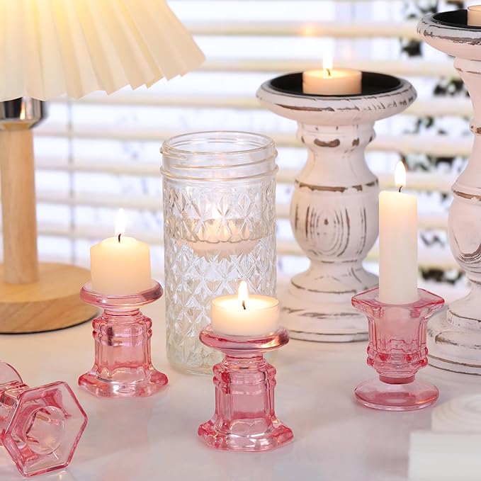 Pink Candlestick Holders Bulk, 12 Pcs Glass Candle Holders Set,Crystal Taper Candle Holder for Wedding, Table Centerpiece, Home Decoration