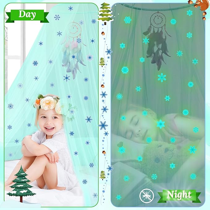 South to East Bed Canopy for Girls with Glowing Snow in The Dark, Cyan Princess Bed Curtains for Kids Bed & Toddler Bed, Twin, Full & Queen, Mosquito Net Canopy for Girls