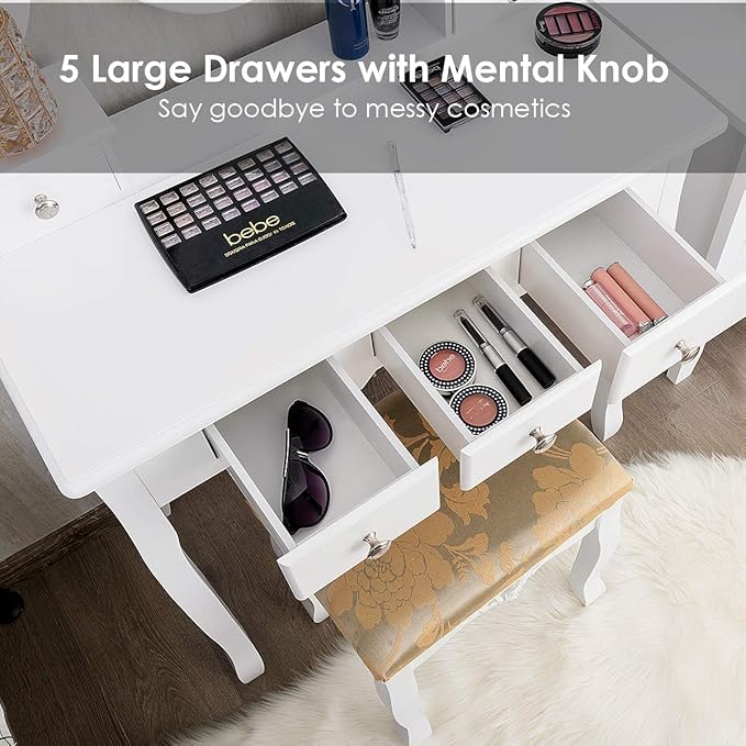 CHARMAID Vanity Table Set with Rotatable Oval Mirror, Bedroom Makeup Table with 5 Drawers for Women Girls, Dressing Table with Cushioned Stool (White)