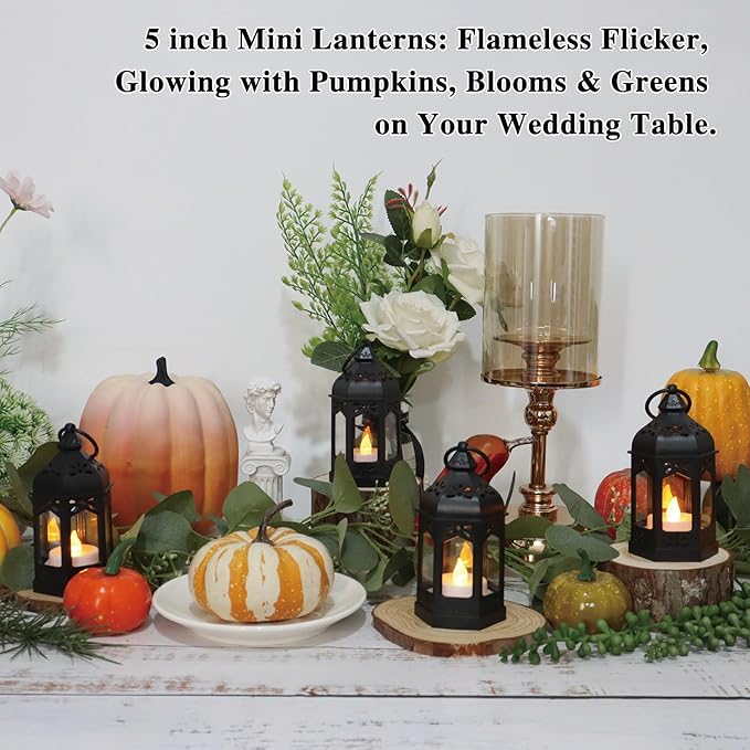 LLQ 12Pcs Mini Lanterns with Small LED Candle, Ramadan Lanterns Decorative Indoor, Vintage Black Lantern for Ramadan EID Decorations Halloween Christmas Wedding Table Centerpiece, Battery Included