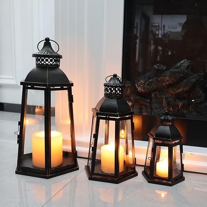 DECORKEY 19’’&16’’&8’’ Lanterns Decorative Outdoor & Indoor, Large Lantern for Front Porch, Metal Frame Candle Holders with Glass, Vintage Patio, Pathway, Balcony, Garden, Yard Decor