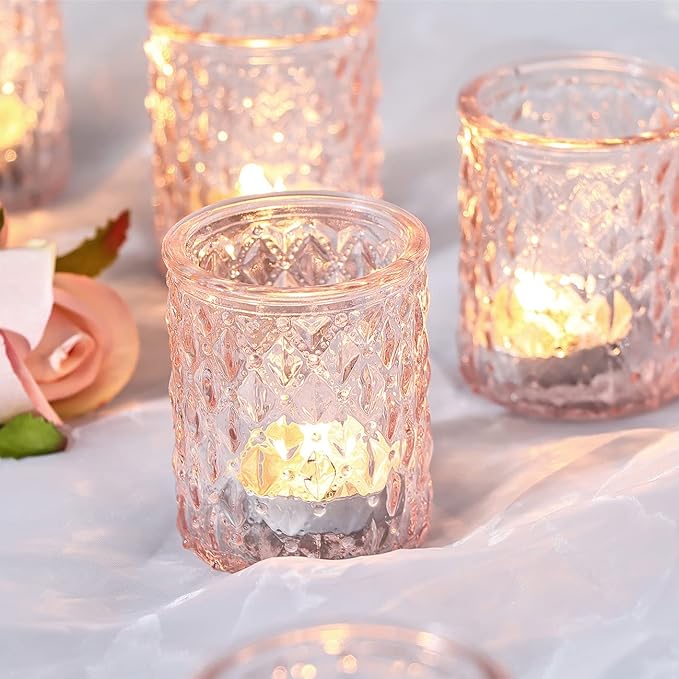 12pcs Pink Votive Candle Holders, Tealight Candle Holder for Valentine's Day, Baby Shower Decorations for Girl, Glass Candle Holder for Wedding Centerpieces, Bridal Shower, Party Decorations