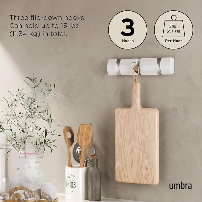 Umbra Flip Wall-Mounted Coat Rack Rail Hook for Hats, Jackets, Bags and More – Modern, Space-Saving Storage Organizer for Entryway, Mudroom, Closet, Bathroom, Bedroom, Kids Room, or Nursery, 3 Hooks,