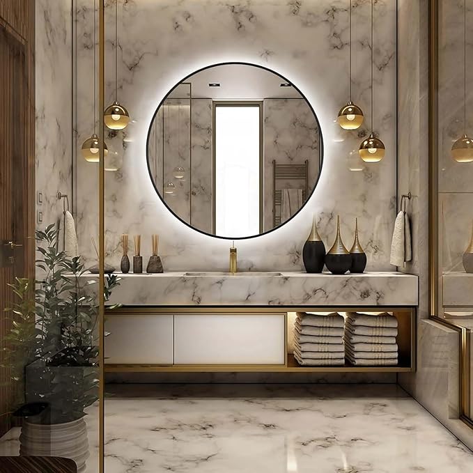 28" Round LED Bathroom Mirror, Wall Mounted Backlit Vanity Mirror with 45° Beveled Frame Lighted Mirror for Bedroom, Fog Free 3-Color Dimmable Lights Memory Function, Black