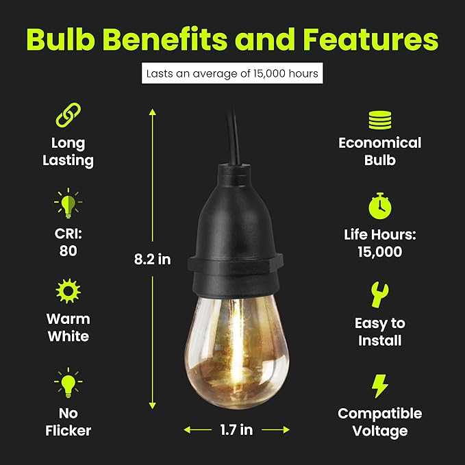Feit Electric LED String Lights, 20ft Commercial Grade and Shatter Resistant String Lights with 10 Outdoor Sockets, Linkable, 15,000-Hour Lifetime, Wet Rated, SL20-10/FIL, 12 Bulbs Included