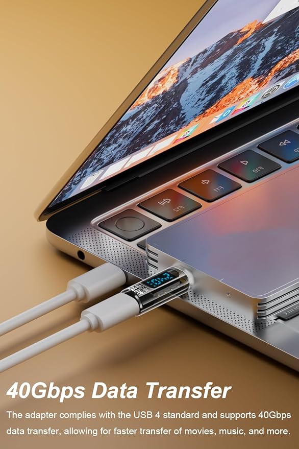 2 Pack USB C Adapter with Digital Display, PD 240W USB-C Male to Female Connector for iPhone 15 Series, iPad, MacBook, Support Voltage, Current and Power Smart LED Display (Transparent)