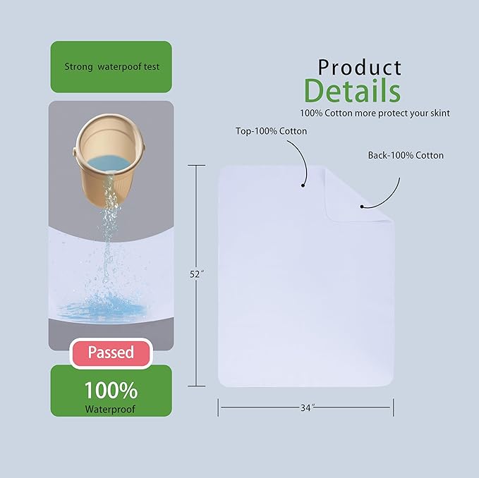 Washable Underpads, 34" x 52" (Pack of 4) Extra Heavy Absorbency ,100% Waterproof Mattress Protector,Flannel Cotton Underpads for Kids, Adults,Pets,Bed, Couch, Sofa, Floor,Home