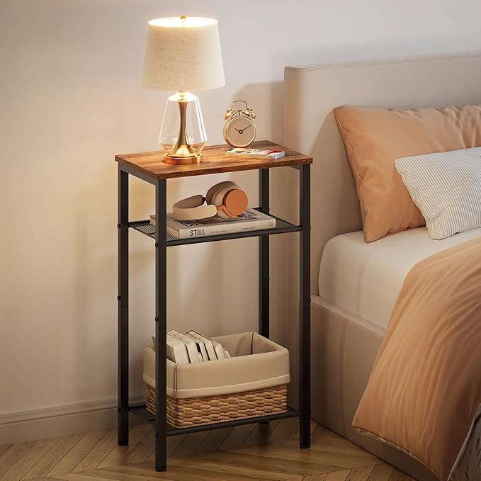 Hoctieon 2-Set 3 Tier End Table, Telephone Table Set of 2, Tall Side Table with Storage Set of 2, Small Nightstand for Small Spaces, Metal Frame, for Living Room, Bedroom, Sofa Couch, Rustic Brown