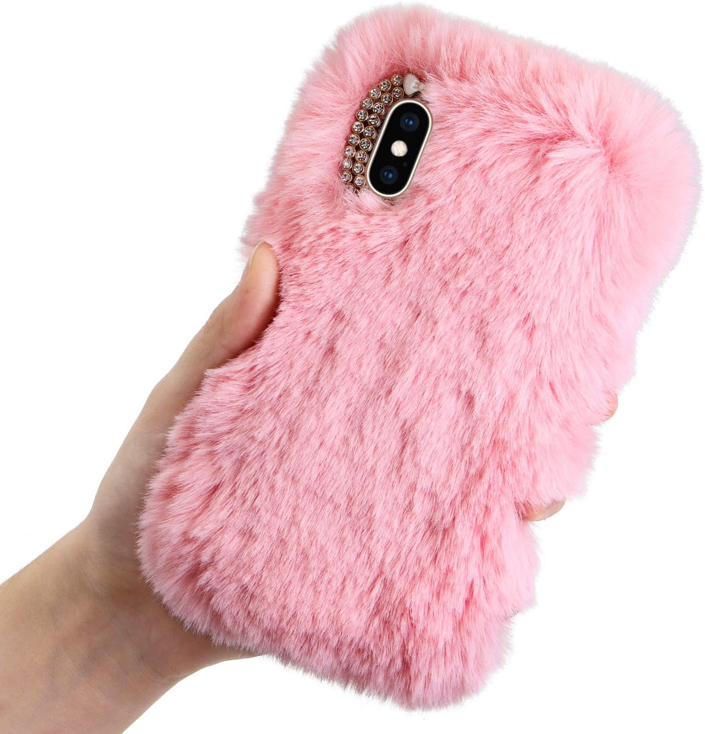 Plush Rabbit Fur Case for iPhone 6/6S, LCHDA Bunny Furry Fluffy Phone Case with Luxury Diamond Bowknot, Pink
