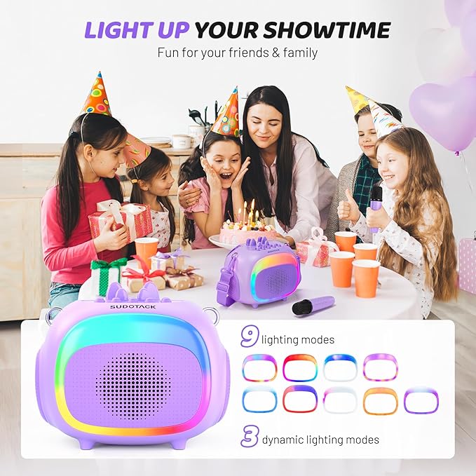 SUDOTACK Mini Karaoke Machine for Kids, Portable Bluetooth Karaoke Speaker with 2 Wilreless Microphones with LED Lights, Birthday Kids Toys Gifts for Girls 4, 5, 6, 7, 8, 9, 10 +Year Old-Purple(KM100)