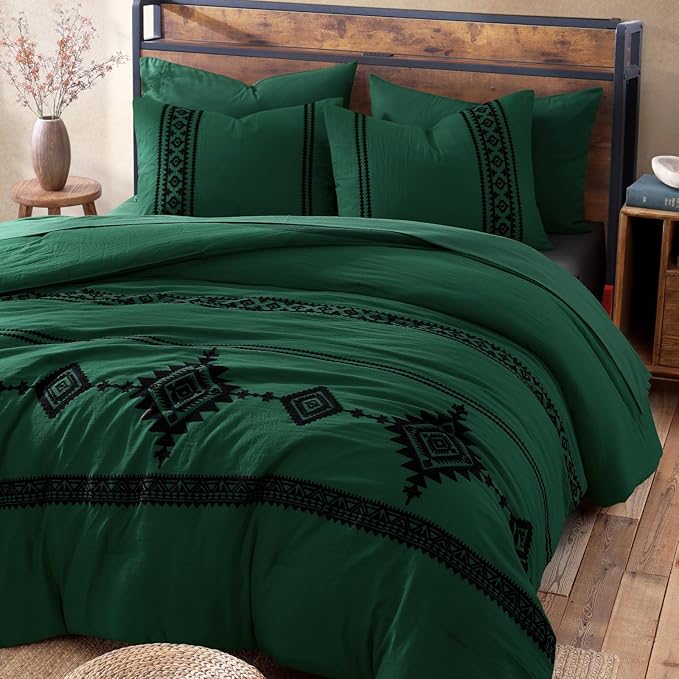 MaiRêve Embroidery Queen Size Comforter Set Emerald Green, Boho Farmhouse Western Bedding Set 7 Pieces, All Season Bed in A Bag Comforter Set with Sheets, Pillowcases & Shams