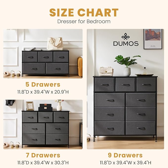 DUMOS Dresser for Bedroom, 5 Storage Drawers, Wide Fabric Closet Chests Organizer Tower Furniture with Wooden Top Metal Frame for Clothes, Guest Room, Living Room, Hallway, Entryway