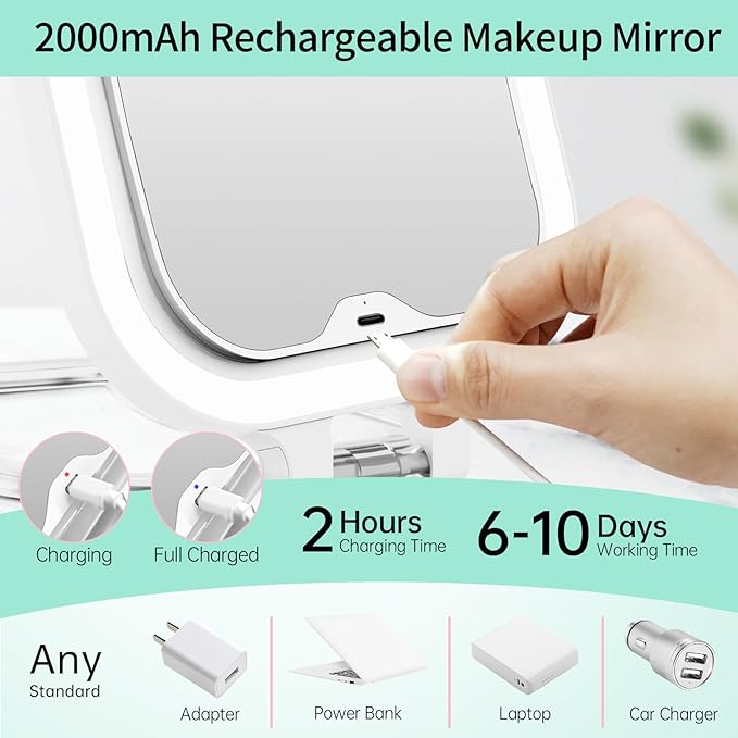 FASCINATE 20X Magnification Rechargeable Travel Makeup Mirror, Lighted Portable Vanity Mirror with 3 Colors Lighting & Stepless Dimming, Double Sided LED Mirror, Gift for Women (White+Bag)