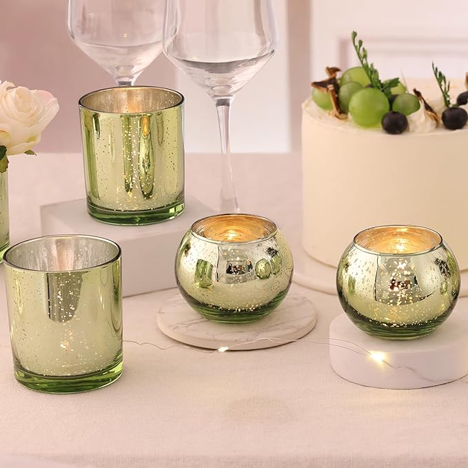 10 Pcs Assorted Green Votive Candle Holders, Larger Size Mercury Glass Candle Holder, Sage Green Tealight Candle Holder for Wedding, Votive Holders for Party Centerpieces for Table