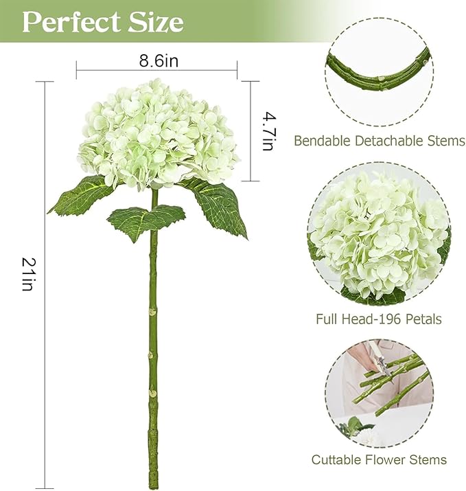 Waipfaru 4Pcs Real Touch Hydrangea Artificial Flowers, Fake Hydrangea Flowers, 21" Latex Faux Hydrangea Flowers for Wedding Bouquet Home Decor Centerpieces (2 Light Green & 2 Dark Green)