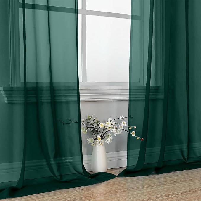 OVZME Hunter Green Sheer Curtains 84 Inches Long 2 Panels - Soft Light Filtering Window Sheer Panels for Living Room/Bedroom, Top Dual Rod Pocket, 1 Pair, Each 42Wx84L Inches