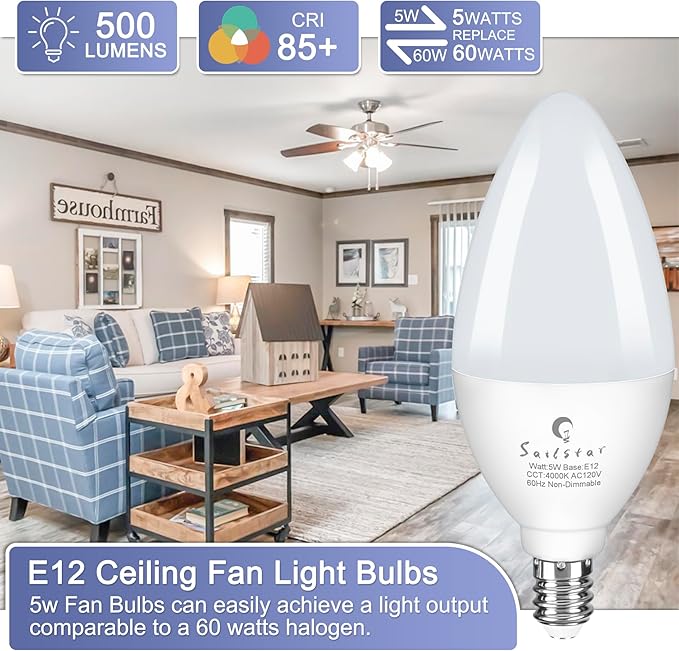 Sailstar Candelabra Light Bulbs 60 Watt Equivalent, 4000K Natural Daylight, 5W E12 Small Base Type B LED Bulbs, 500 Lumens, Chandelier Ceiling Fan Light Bulbs, CRI 85, Non-dimmable, Pack of 3