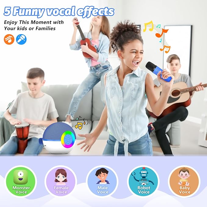 goopow Mini Karaoke Machine Speaker for Kids Adults, Portable Bluetooth Microphone Song Toys with LED Light, Best Chritmas Birthday Festival Gift for 3 4 5 6 7 8+ Year Old Girls Boys (Blue-2MIC)