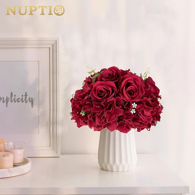 NUPTIO Flower Balls for Centerpieces Wedding: 2 Pcs 11.8 inch Diameter Artificial Flower Ball Arrangement Bouquet Centerpiece for Tables - Burgundy Fake Rose Flowers for Wedding Decor