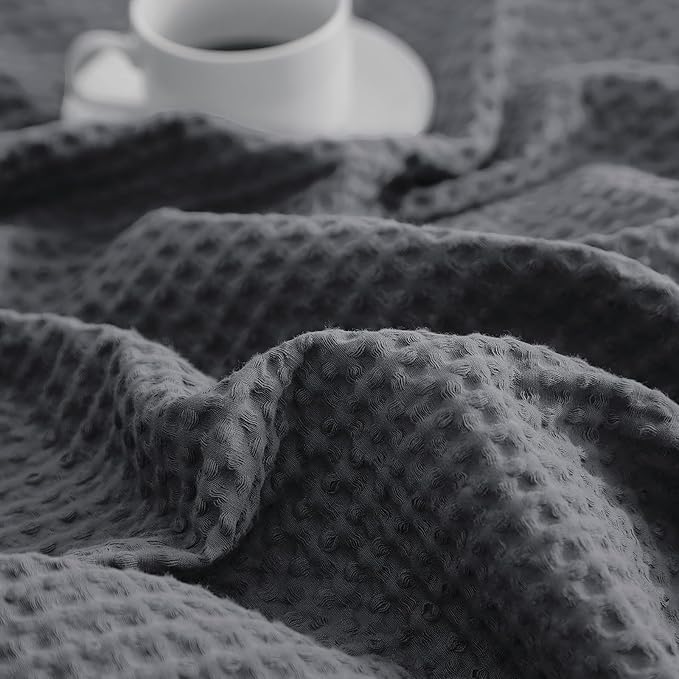 PHF Pre-Washed Cotton Waffle Weave Blanket Throw Size for Couch Bed,Snag Proof Spring Summer Lightweight Breathable,Oeko-TEX Certified,Machine Washable, Home Decor Gift，Charcoal