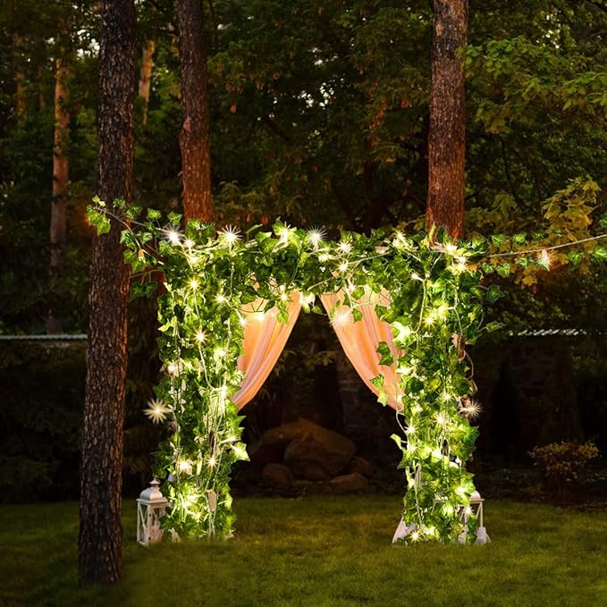 KASZOO 24Pack / Each 82 inch, Artificial Ivy Garland Fake Plants with 160 LED String Light, Green for Wedding Party Garden Outdoor Greenery Wall Decoration