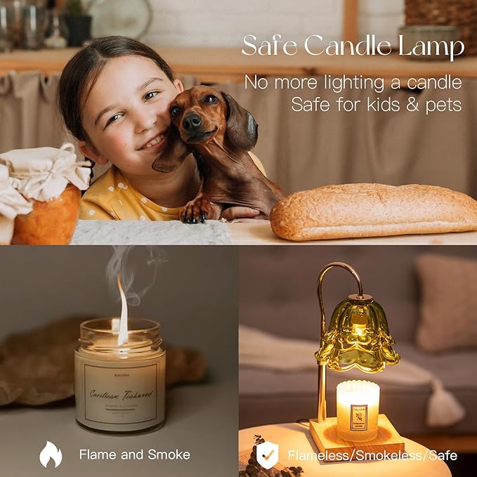 Candle Warmer Lamp with Timer: Green Flower Candle Warming Lamp with 2 Bulbs Height Adjustable Wax Warmer Dimmable Bedroom Decor Christmas Gift for Women