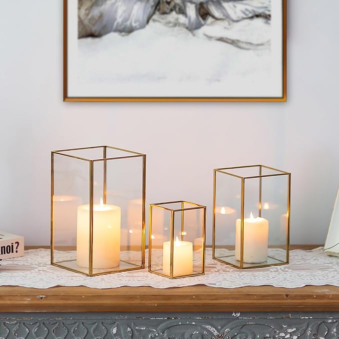 Glasseam Glass Hurricane Candle Holder: Set of 3 Gold Square Candle Holders for Pillar Candles Large for Table Centerpiece Wedding Christmas Decorative