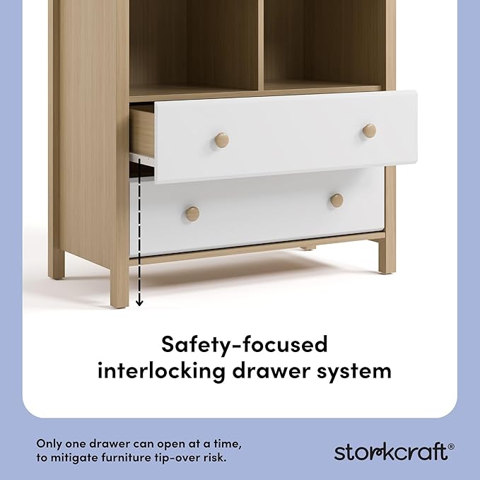 Storkcraft Alpine Nursery Changing Table Dresser Combo (White with Driftwood) – GREENGUARD Gold Certified, Dresser for Nursery, Changing Table with Drawers, Removable Changing Table Topper