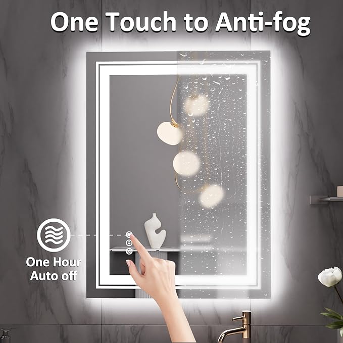 28" x 20" LED Bathroom Mirror with Lights, Front and Backlit Mirror, Anti-Fog Lighted Vanity Mirror, Stepless Dimmable, 3 Colors LED Mirror (Horizontal/Vertical)