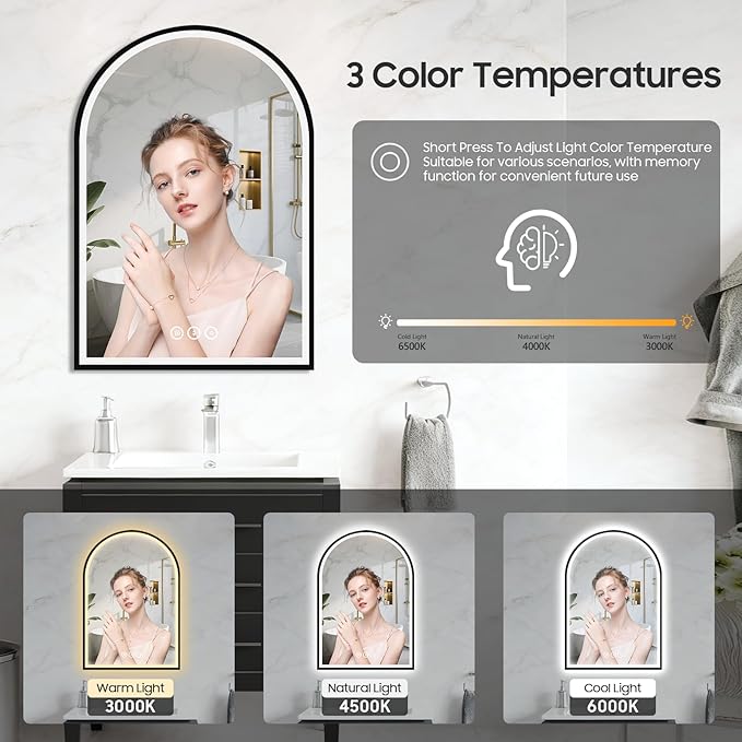 20x30 Inch Arch LED Bathroom Mirror, Black Lighted Bathroom Mirrors Wall Mounted, Vanity Mirror with Anti-Fog, Memory Function, 3 Color Temperature, Dimmable Led Mirror for Bathroom