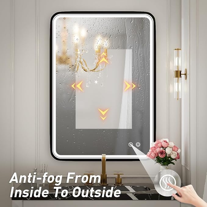 20X28 Inch LED Bathroom Mirror with Lights,Wall Mounted Lighted Mirrors with Non-Rusting Black Metal Frame Anti-Fog Memory Funtion Stepless Dimmable,6000K(Horizontal&Vertical)