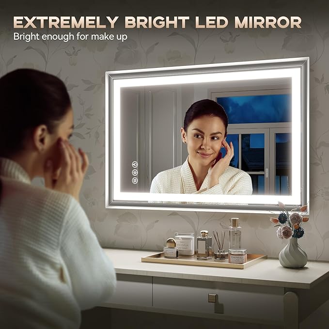 LED Bathroom Mirror, 24“x32“ Lighted Bathroom Mirror with Metal Framed, Extremely Bright LED Mirror for Bathroom, 3 Colors Dimmable, Anti-Fog, Memory, Wall Mounted Lighted Vanity Mirror