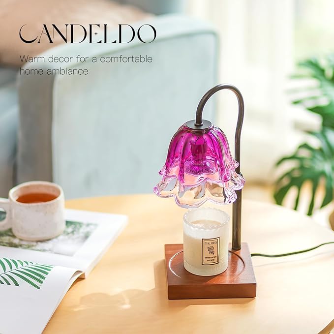 Candle Warmer Lamp with Timer: Purple Flower Candle Warming Lamp with 2 Bulbs Vintage Height Adjustable Wax Warmer Dimmable Gothic Halloween Decor Gift for Women