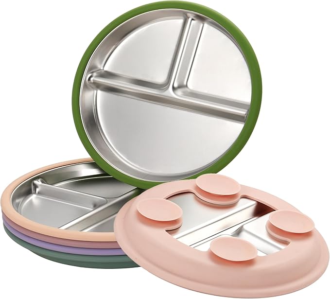 3Pack Sainless Steel Kids Plates with Suction, 8.1” Divided Toddler Baby Plates with Removable Silicone Sleeves BPA Free Non-Slip 2-in-1 Anti Breakage Metal Toddler Bowls