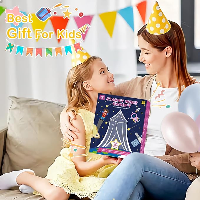 South to East Bed Canopy for Girls with Glowing Snow in The Dark, Cyan Princess Bed Curtains for Kids Bed & Toddler Bed, Twin, Full & Queen, Mosquito Net Canopy for Girls