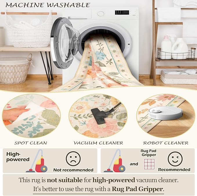 Floral 6ft Area Rug Machine Washable Soft Print Boho Carpet Non Slip Doormat Low Pile Flower Area Rugs for Living Room Bedroom Nursery Kitchen Dining Room Indoor-Beige/White/Orange