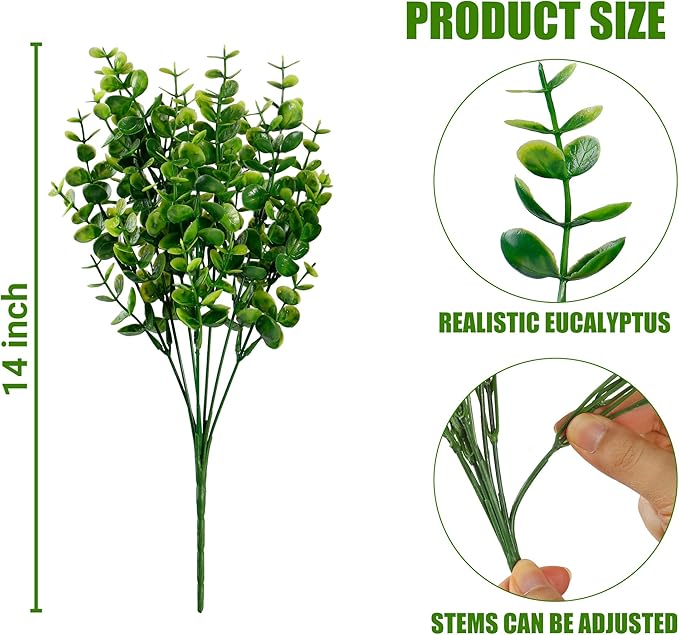Sggvecsy Artificial Flowers for Outdoors 12 Bundles UV Resistant Boxwood Shrubs Artificial Eucalyptus Fake Plants Faux Plastic Greenery for Farmhouse Garden Indoor Outdoor Home Wedding Decoration