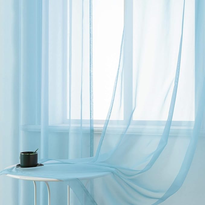 DUALIFE Sky Blue Voile Sheer Curtains Grommet,Look Semi Natural Light Flow Sheer Curtain Panels,Elegant Solid Color Touch Soft Drapes, 52X45 Inch for Living Room Bedroom,Set of 2 Panels Baby Blue