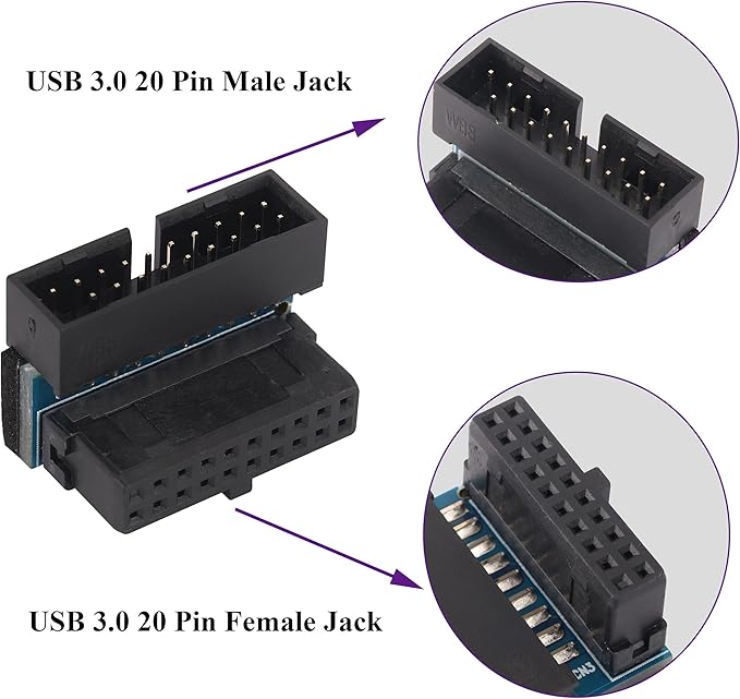 2 Pack 90 Degree 20pin USB 3.0 Adapter Up Right Angle 3.0 USB 20 Pin Male to Female Extension Power Adapter Board for Motherboard Mainboard.20(20Pin-Up/Black)
