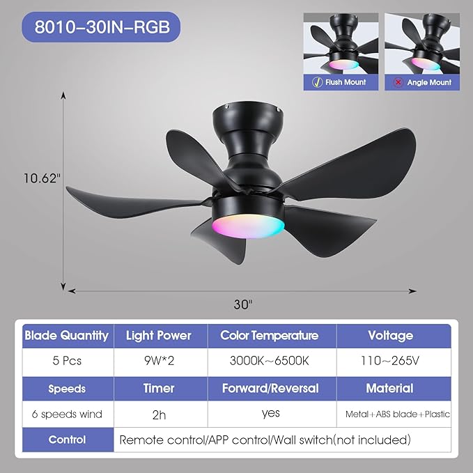 Ceiling Fans with Lights and Remote/APP Control, 30 inch Low Profile Ceiling Fans with Dimmable White Colors and RGB Lighting, 6 Speeds 5 Curved Blades for Kids Room Bedroom Bar, Black