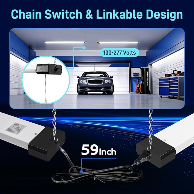 hykolity 5000K LED Shop Light Linkable, 4FT Daylight 42W LED Ceiling Lights for Garages, Workshops, Basements, Hanging or FlushMount, Power Cord with Pull Chain, 4400lm, ETL- 1 Pack