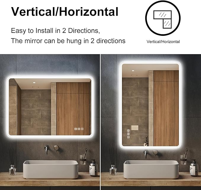 S'bagno 36"x28" LED Bathroom Mirror with Bluetooth Speaker, Anti-Fog & Waterproof, Dimmable Wall Mirror with Touch Control, 3 Light Colors, Vertical or Horizontal